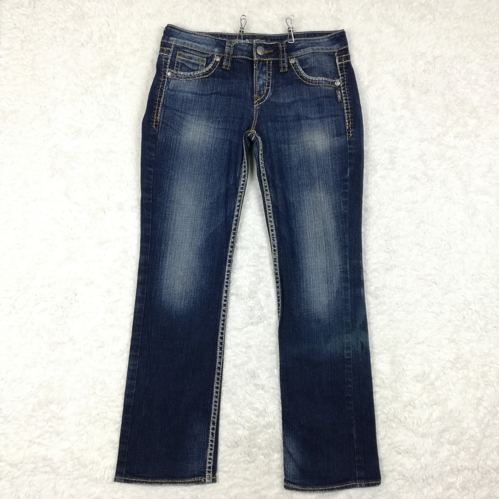 Silver Jeans Womens Lola 17" Boot Cut Blue Denim Mid Rise Dark Wash Whiskered 30